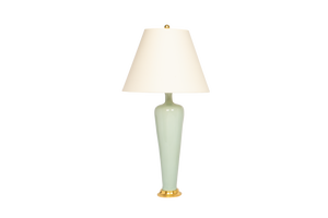 Medium Anthony lamp in duck egg glaze with 23k gold base, brass double socket cluster, and off white vellum paper shade, on a white background.