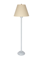 Bamboo standing lamp in glossy hope blue lacquer, brass double socket cluster, and off white vellum paper lampshade, on a white background.