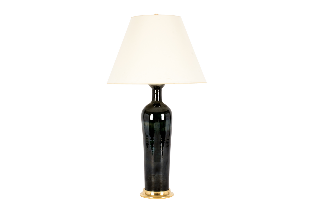 Large Anthony lamp in alligator green glaze with 23k gold base, brass double socket cluster, and off white vellum paper shade, on a white background.