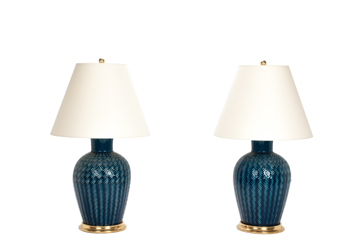 Penny Lamp Pair in Prussian Blue Basketweave – Christopher Spitzmiller
