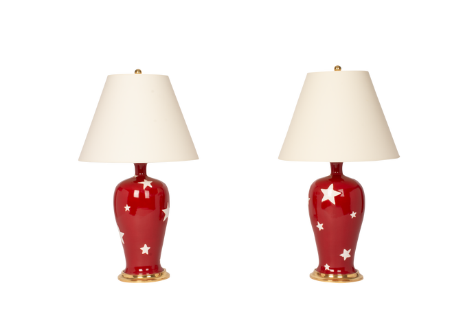 Amy lamp pair, white stars on scarlet