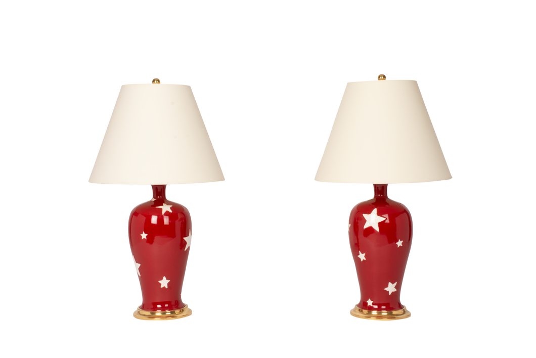 Amy lamp pair, white stars on scarlet