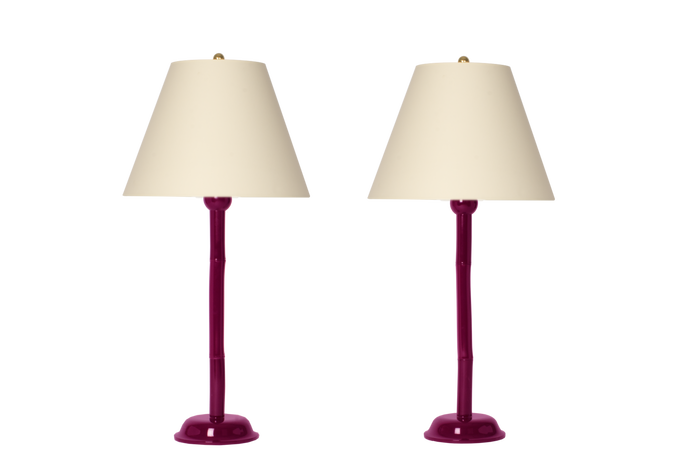 Bamboo Table Lamp Pair in Purple Lacquer