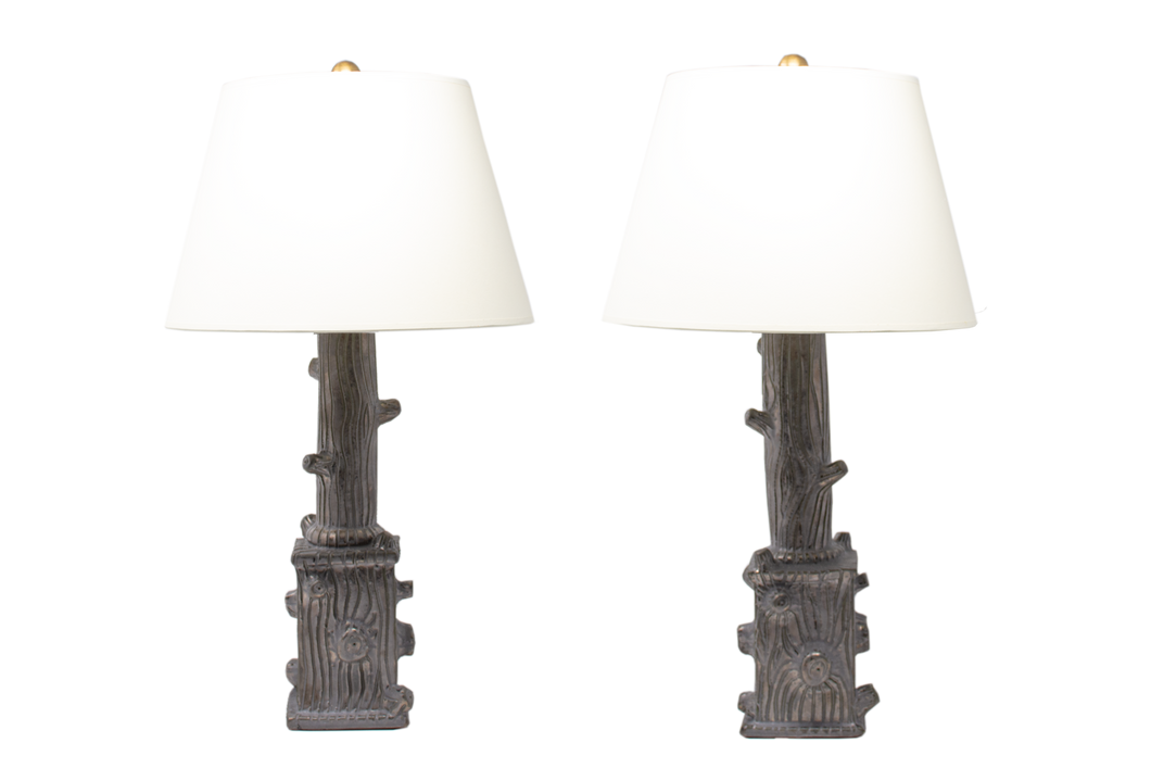 Hand Thrown Faux Bois Column Lamp Pair in Matte Bronze