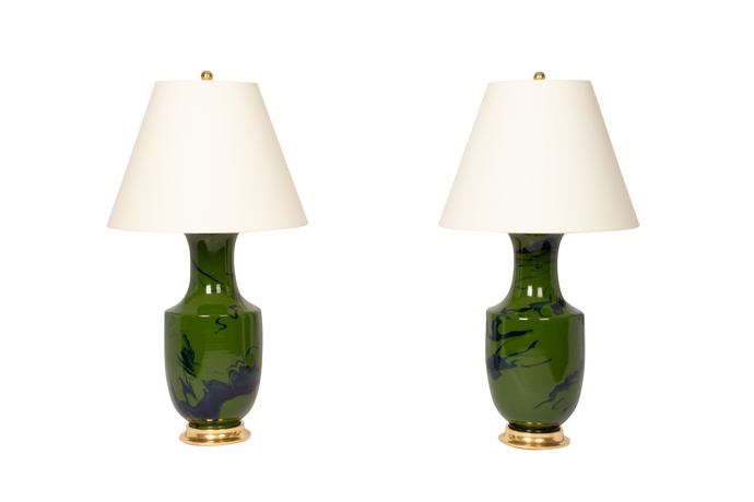 Ming Lamp Pair in Delft Blue on Dark Green Marble