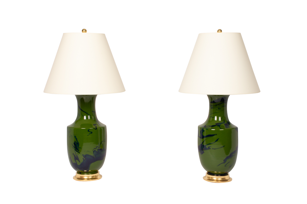 Ming Lamp Pair in Delft Blue on Dark Green Marble