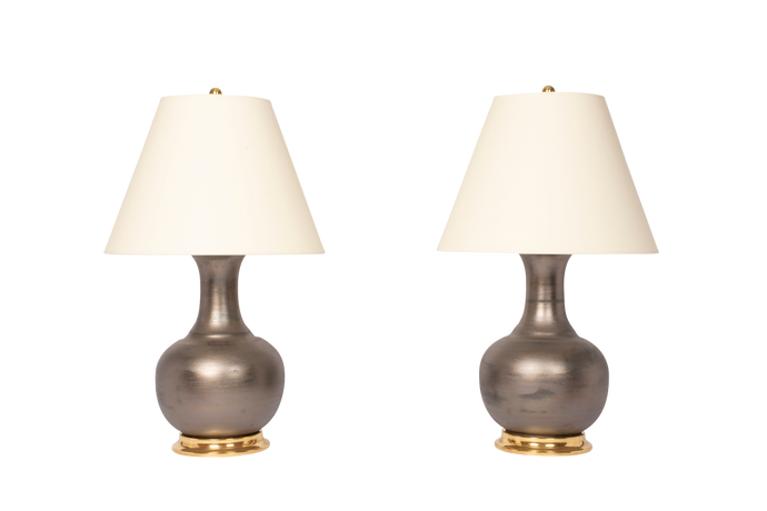 Ridged Single Gourd Lamp Pair in Matte Bronze