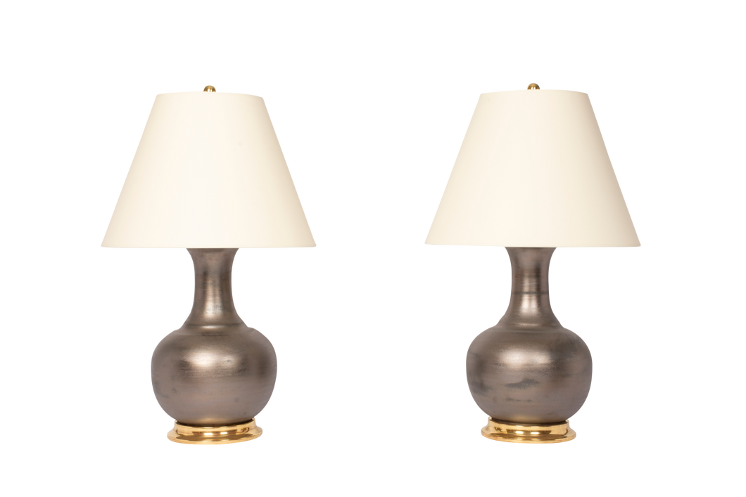 Ridged Single Gourd Lamp Pair in Matte Bronze