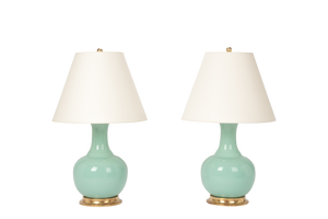 Ridged Single Gourd Lamp Pair in Pale Blue Green