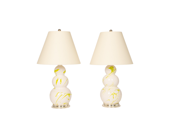 Three Ball Medium Lamp Pair in Lime Green Marble