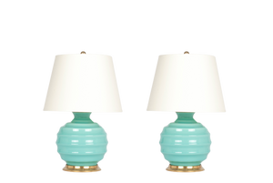 Wide Ribbed Ball Lamp Pair in Pale Blue Green