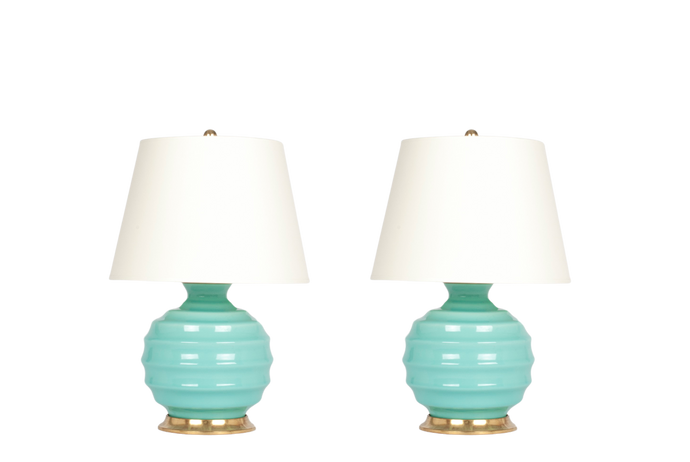 Wide Ribbed Ball Lamp Pair in Pale Blue Green