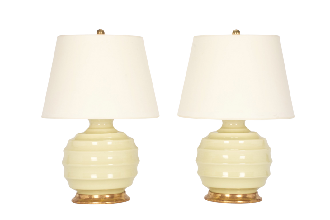 Wide Ribbed Ball Lamp Pair in Green Celadon
