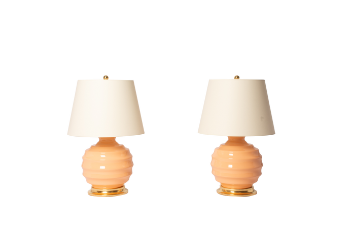 Wide Ribbed Ball Lamp Pair in Apricot