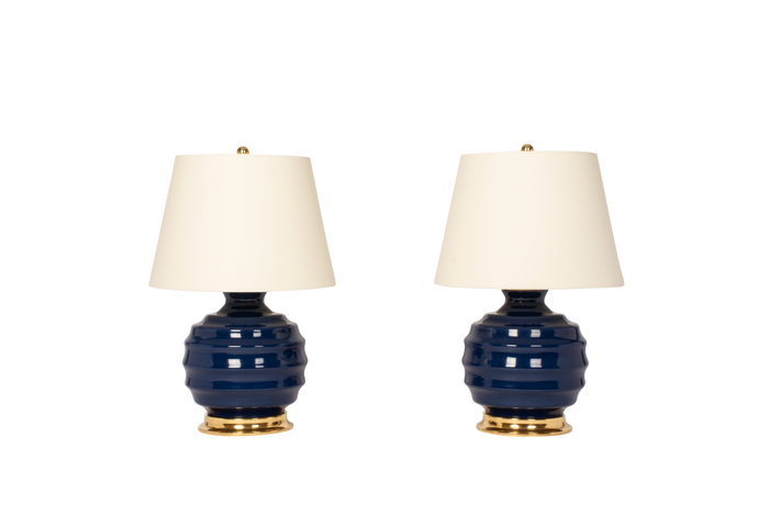 Wide Ribbed Ball Lamp Pair in Blue Suede