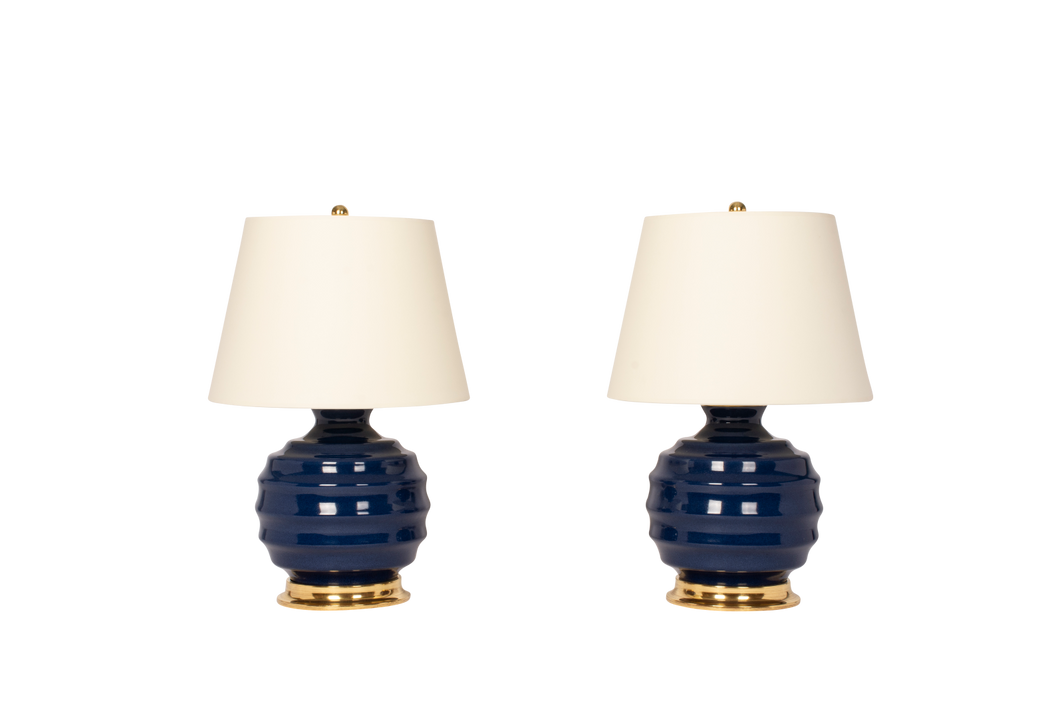 Wide Ribbed Ball Lamp Pair in Blue Suede