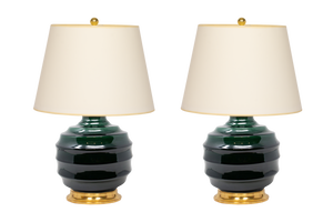 Wide Ribbed Ball Lamp Pair in Peacock