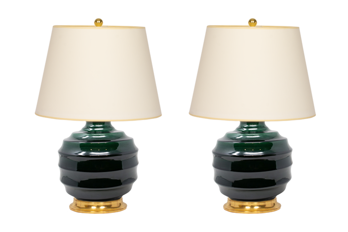 Wide Ribbed Ball Lamp Pair in Peacock