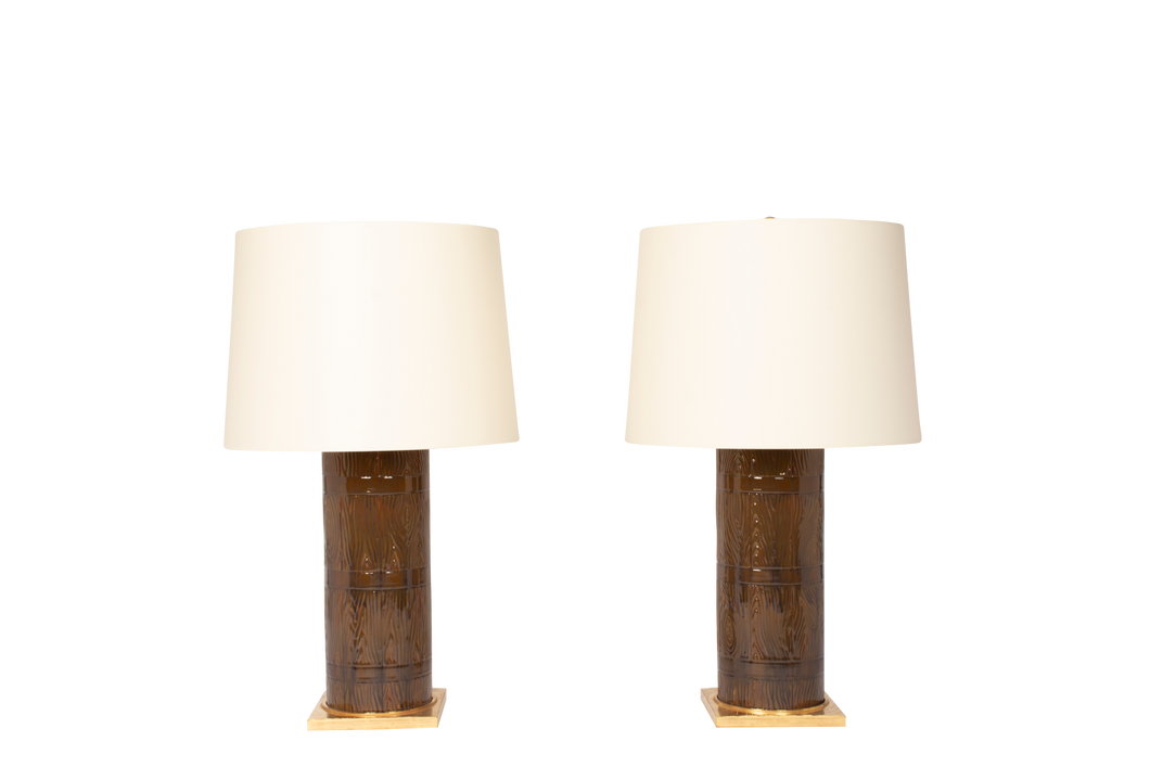 Zaheer Faux Bois Barrel Lamp Pair in Ironstone