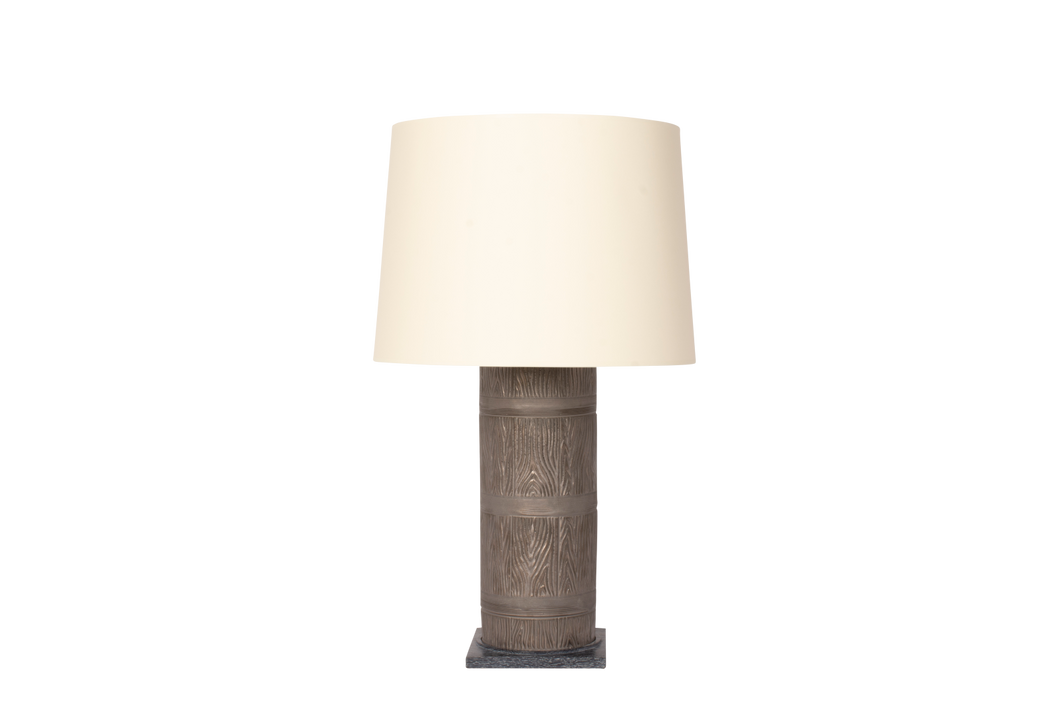 Zaheer Faux Bois Barrel Lamp in Matte Bronze