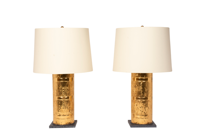 Zaheer Lamp Pair, Faux Bois Barrel, Gloss Gold Luster