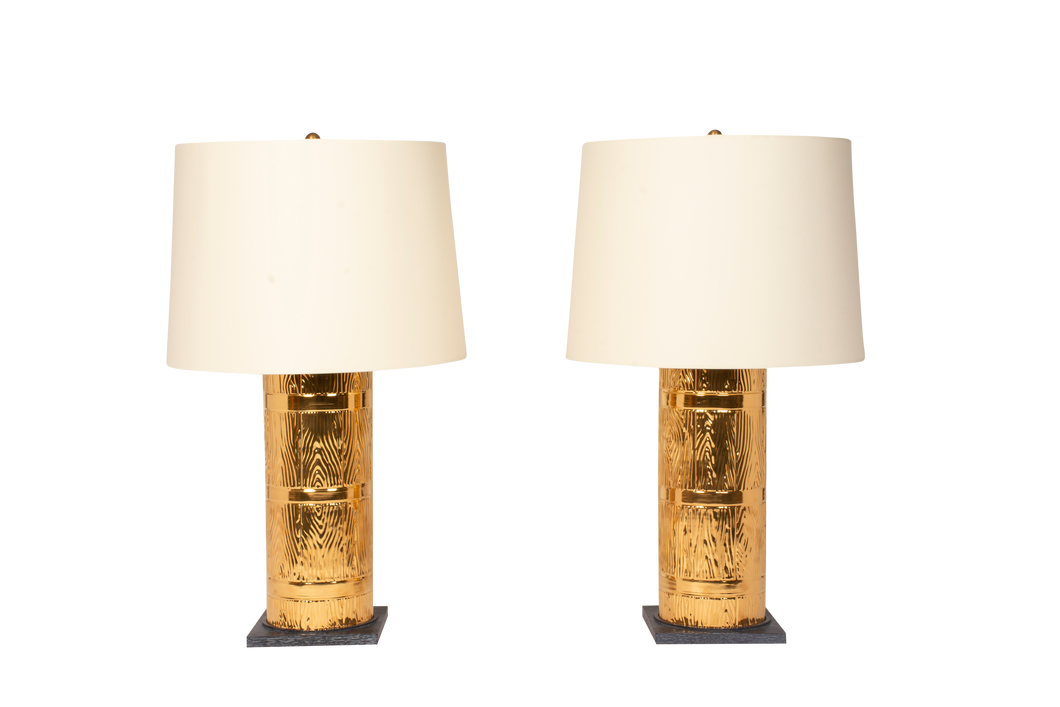 Zaheer Lamp Pair, Faux Bois Barrel, Gloss Gold Luster