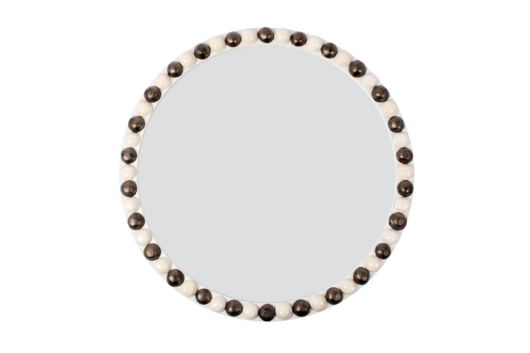 25-Inch Round Irish Mirror in Gloss White with Matte Bronze and Clear Buttons