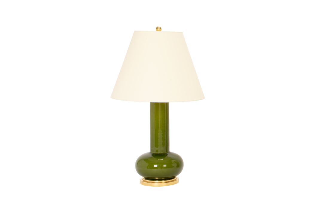Medium Ashley lamp in spruce glaze with 23k gold base, brass double socket cluster, and off white vellum paper shade, on a white background.