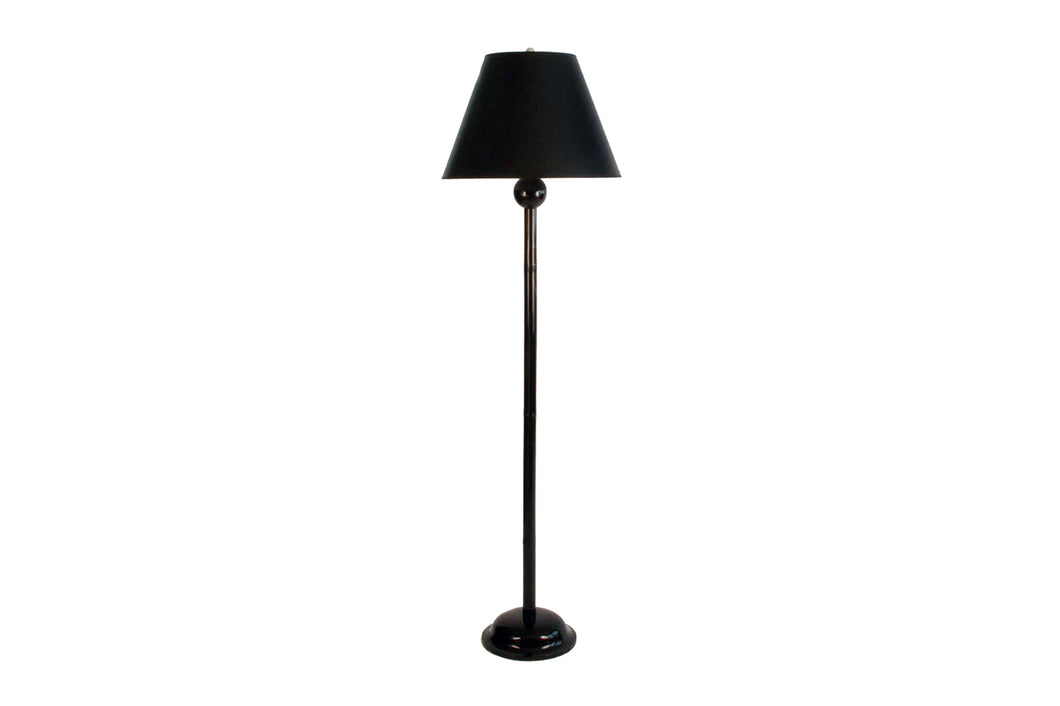 Bamboo standing lamp in glossy black lacquer, brass double socket cluster, and black lampshade, on a white background.