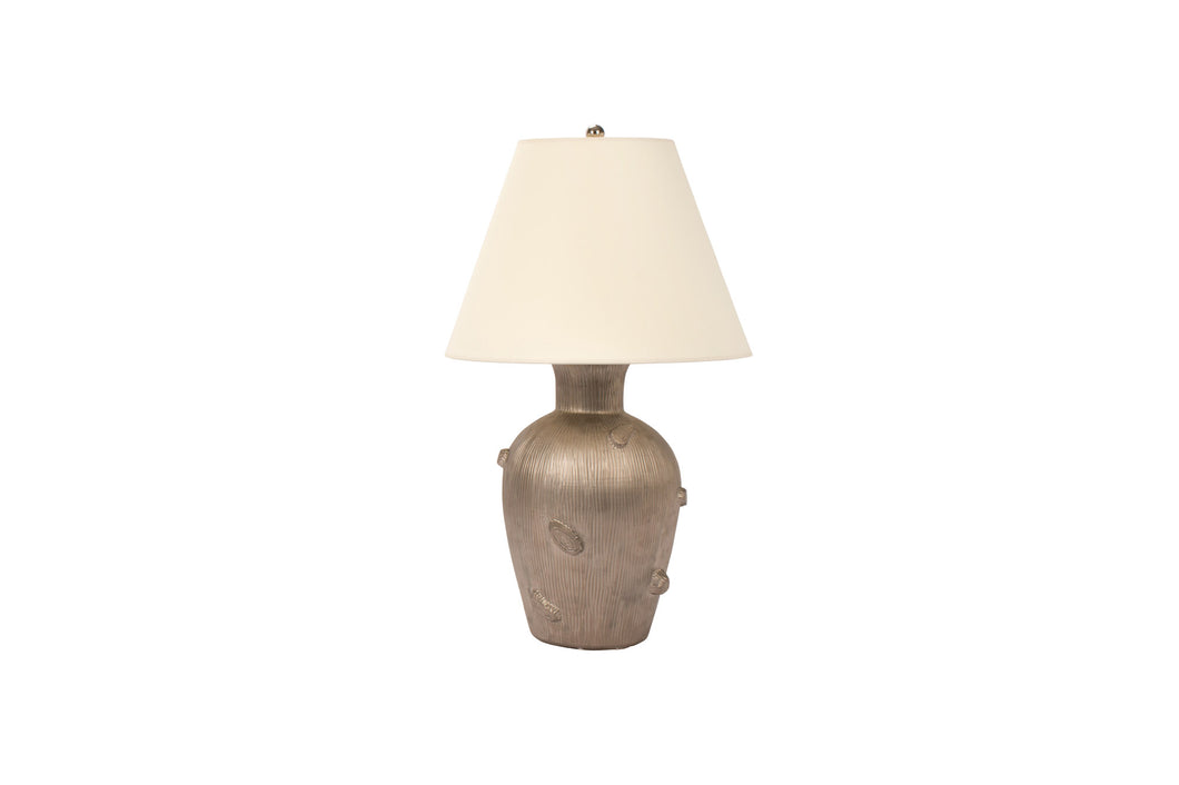Single Faux Bois table lamp in matte platinum glaze with a brass double socket cluster and off white vellum paper shade, on a white background.