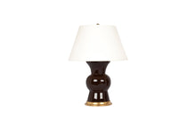 A single Gregory table lamp in brown walnut glaze with 23k gold base, brass double socket cluster, and off white vellum paper lamp shade, on a white background.