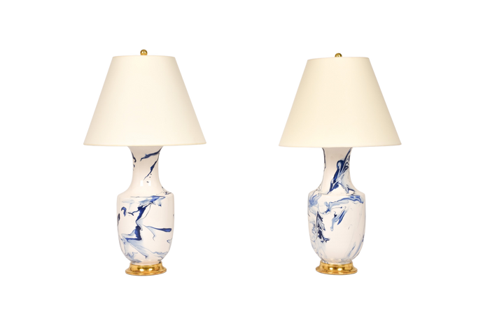Ming Lamp Pair in Delft Blue Marble