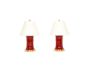 Patricia with Lions Small Lamp Pair in Scarlet and Gold Luster