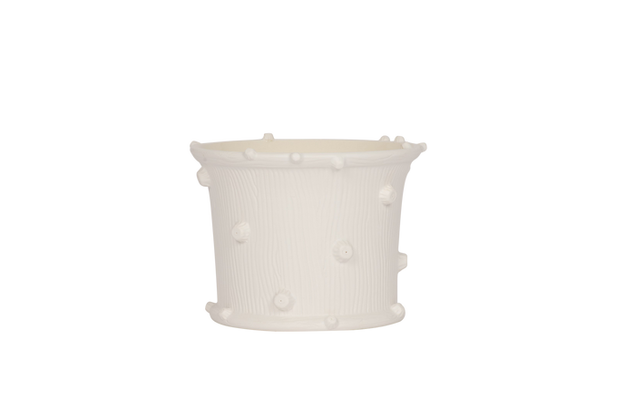 Hand Thrown Medium Wide Faux Bois Cache Pot in Matte White