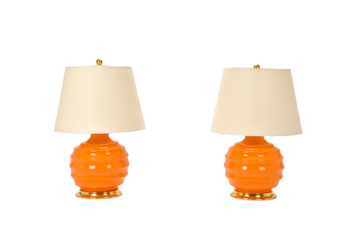 Wide Ribbed Ball Lamp Pair in Pumpkin